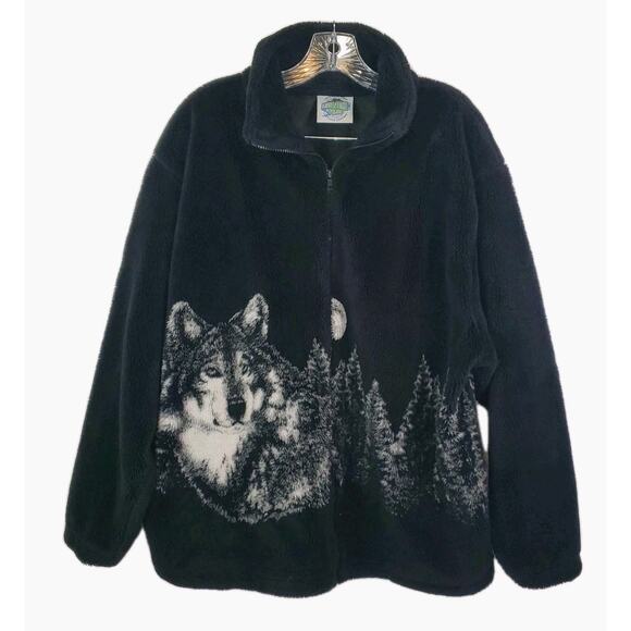 Vtg Adventure Pass Zip Front Fleece Jacket Wolf Graphic Double Sided USA Large - Picture 1 of 8